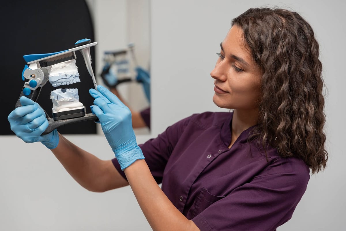 A clinician in gloves holding the matched upper and lower casts of a patient's teeth in an articulator